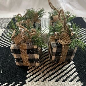 Plaid Holiday Ornaments with Burlap and Greenery